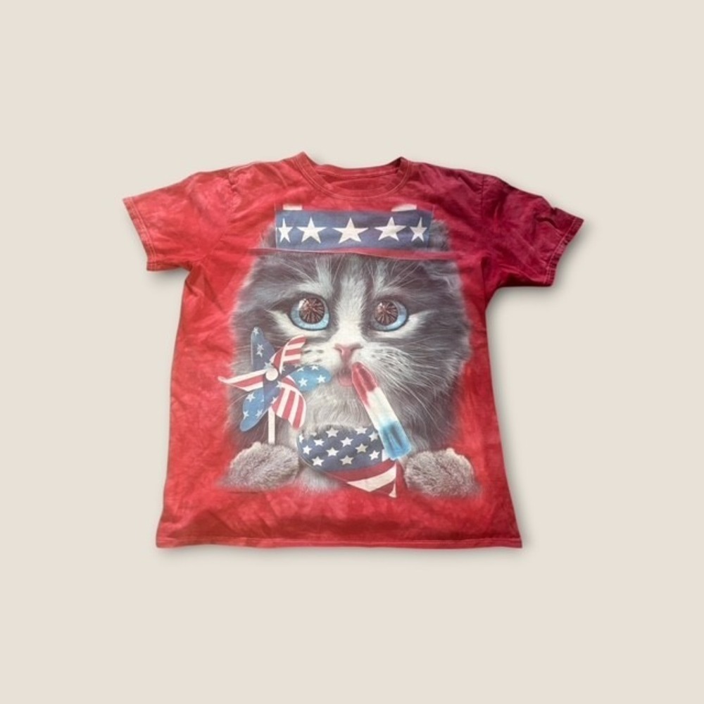 Patriotic Cat Kitten T-Shirt Women's Small Red Tie-Dye Fourth of July Graphic